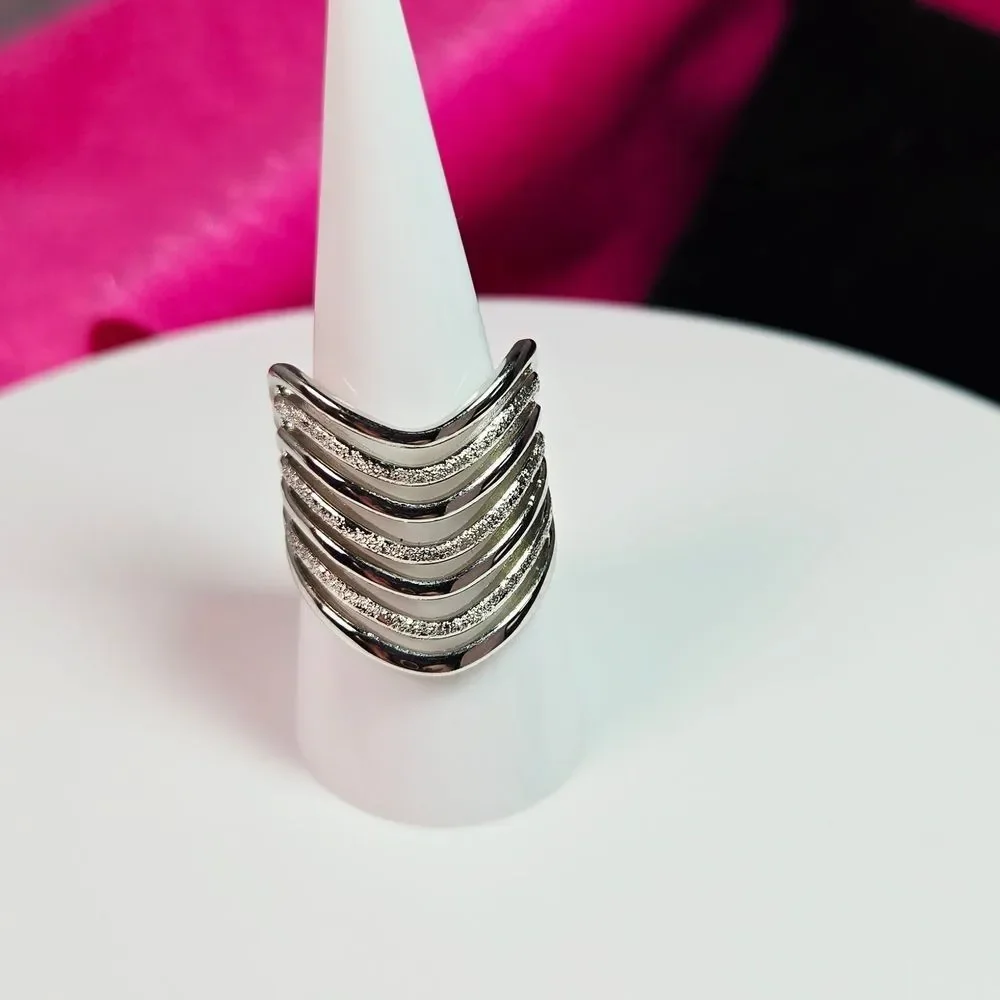 Sterling Silver Cascade Curl Wave Statement Ring – Wide Sculptural Layered Luxe